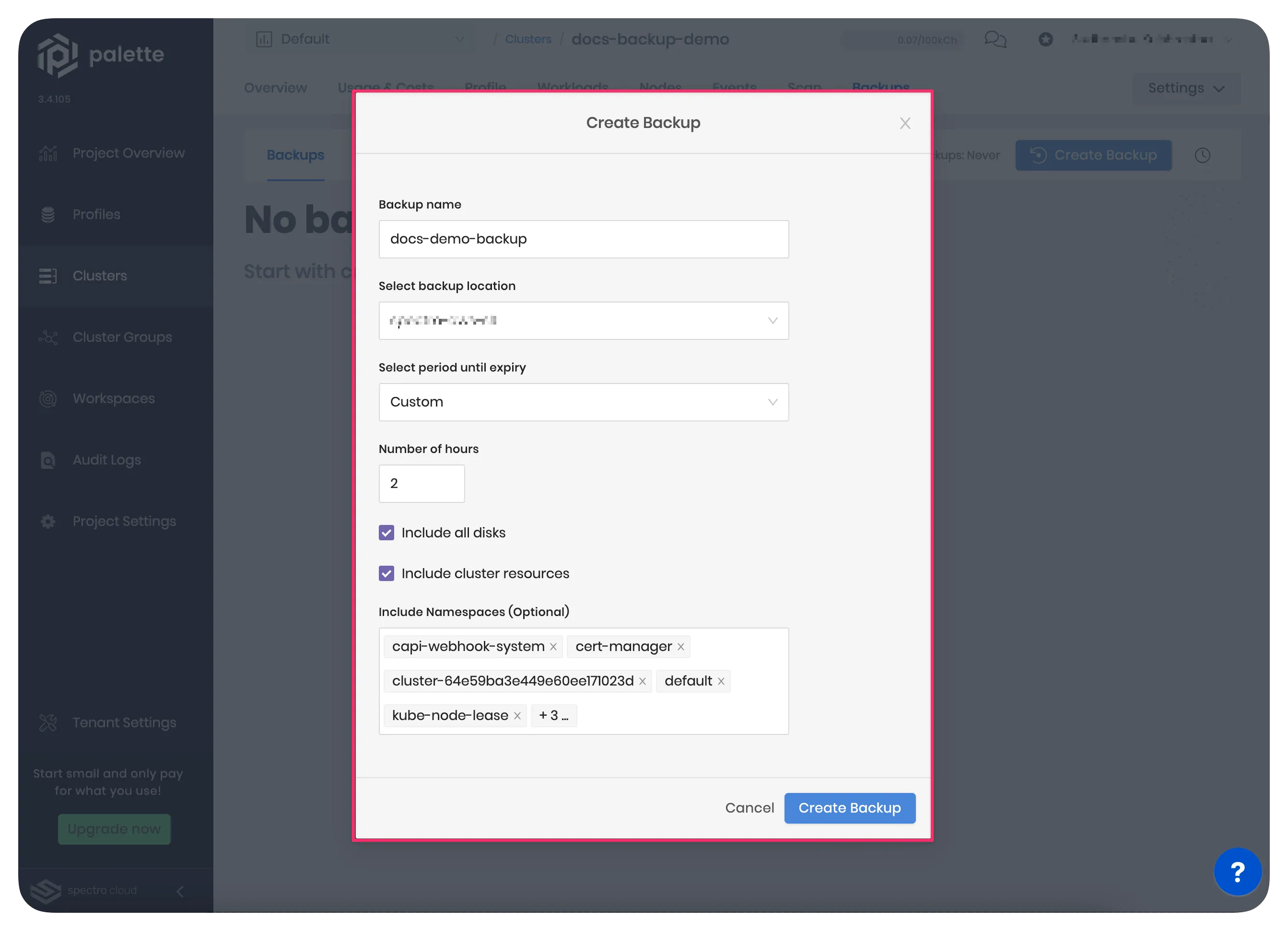 A screenshot highlighting the fields for an on-demand backup for an existing cluster.